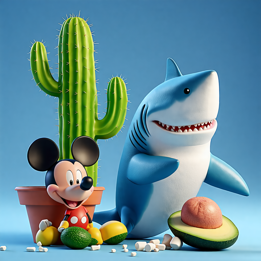 cactus, shark, mickey mouse, marshmallow, avocado